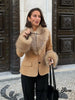 Beige Faux Suede Women Jacket Fur Collar Cuffs Trim Button Front Coat Vintage Western Cowgirl Style Warm Winter Outerwear