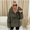 Casual Solid Lace Up Cotton Coat Women Chic Lapel Long Sleeve Warm Loose Pocket Short Jacket Winter Lady Commute Street Outwear