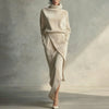 Fall Winter Long Sleeve Dress Suit Woman Elegant Turtleneck Tops Pullover+Irregular Skirt Set Casual Solid Suede Vintage Outfits