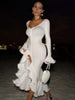 Flare Long Sleeve Ruffle Sexy Maxi Dress Women Autumn Pink V Neck Single-breasted High Waist Club Long Dresses Female
