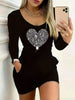 Women's Casual Elegant Round Neck Long Sleeve Heart Pattern Diamond Inlaid Long Sleeve Hip Wrapping Long Dress