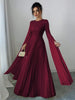 Women Elegant Floor Length Dress Pleated Long Sleeve O Neck Solid Middle East Style Evening Dresses For Party