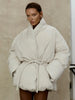 Ladies Beige Belted Puffer Coat Stand High Collar Wrap Design Drawstring Waist Oversized Bubble Jacket Winter Warm Outwear