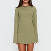 Y2K Striped T Shirt Dress Women Long Flare Sleeve Crew Neck Contrast Trim Ruched Side Curved Hem Casual Mini Streetwear Dress