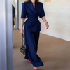 Classic Women's Suits 2Piece Jacket&Pants Sets Half Sleeves Stain Wide Peaked Lapel Double Breasted Blazer Formal Office Wear