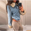 Furry Trim Cropped Denim Jacket Single Breasted Long‑Sleeve Winter Women Warm Outerwear Versatile Lady Casual Jean Coat