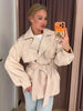 Women Short Belted Trench Coat Lapel Double Breasted Long Puff Sleeve Loose Fit Jacket Casual Daily Office Ladies Outerwear