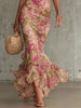 Elegant Printed Ruffle Maxi Dress Women Chic High Neck Puff Short Sleeve Waist-cinching Bodycon Dresses Lady Vacation Robes
