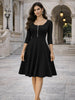 Women Elegant Square Neck 3/4 Sleeve Autumn Work Party Midi Dress Solid Color Zip Front Solid Business Casual Swing A-Line Dress