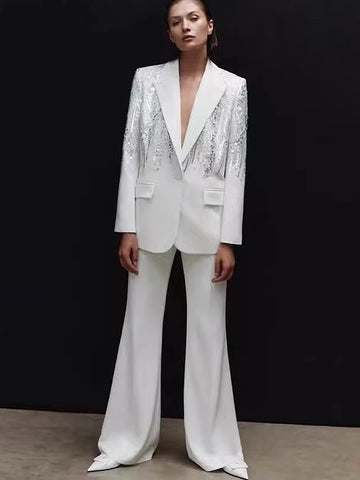 High Street Designer Suit Set Women's Sequined Beading Single Button Blazer Flare Pants Set 2pcs