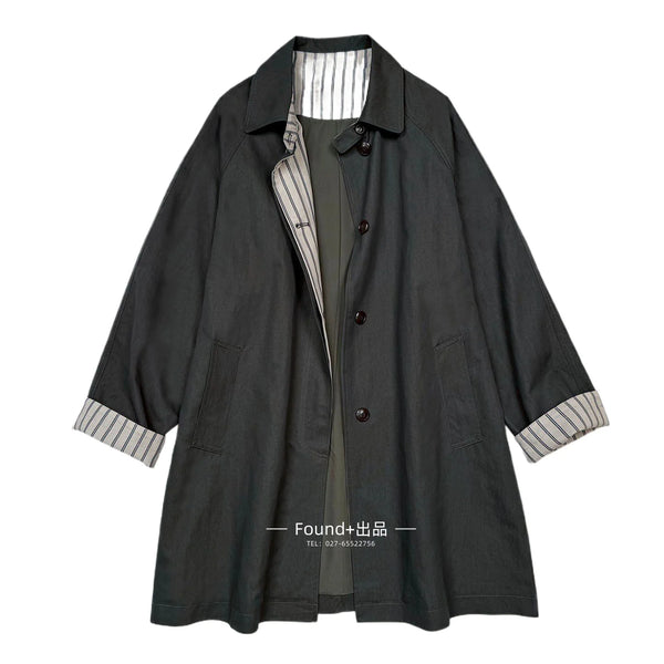 Retro Patchwork Stripes Women's Mid-Length Polo Collar Single-Button Coat Spring Korean Style Oversize Coats