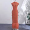 Elegant Women High Neck Cap Sleeve Midi Dress Glitter Fringe Hem Bodycon Pencil Dress Wedding Guest Cocktail Evening Gowns
