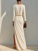 Women Elegant Solid Maxi Dress Long Sleeve O Neck Ruched Waist High Side Slit Slim Dress Casual Party Evening Long Dresses