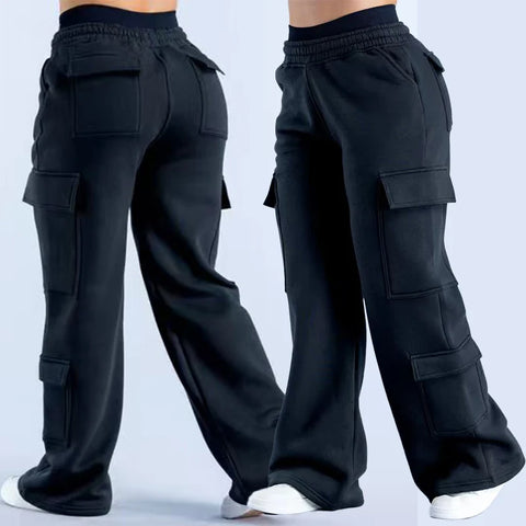 Women Low Waist Belted Straight Leg Wide Leg Trousers Solid Color Casual Joggers Multiple Pockets American Work Pants