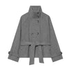 Grey Lace Up Short Woolen Coat Women Chic Solid Stand Collar Double Breasted Pocket Slim Jacket Lady Commute Street Wear