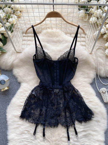 Woman Sexy Strap Mini Dress Woman Vintage Hollow Out Chic Mesh Slim Dress Lace Floral Design Comfortable