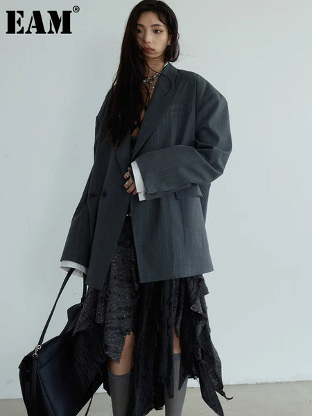 Women Gray Striped Shaped Big Size Elegant Blazer Lapel Long Sleeve Jacket Tide Spring Autumn 1DH7077