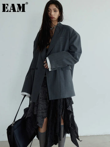 Women Gray Striped Shaped Big Size Elegant Blazer Lapel Long Sleeve Jacket Tide Spring Autumn 1DH7077