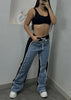Women Straight Drawstring Waist Wide Leg Pants Jeans Denim Patchwork Sporty Holiday Jogger Sweatpants Trousers