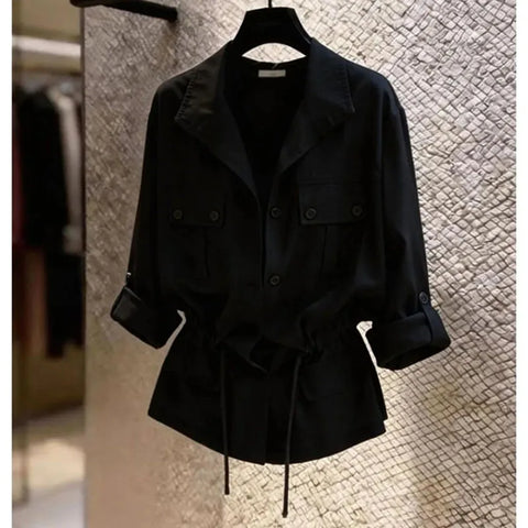 Spring Female Long Sleeved Casual Shirt French Lady Patchwork Cardigan Blouse Autumn Women Lapel Solid Color Shirts Coat