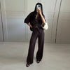 Brown V-Neck Knit Shirt Pants Set Women Solid Long Sleeve Top Empire Straight Loose Trousers Lady Spring Suit