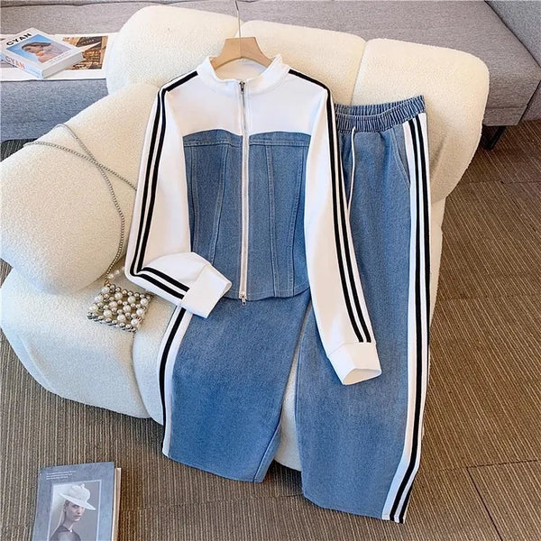 Pant Set Women Two Piece Sets Denim Splice Zipper Matching Sets Casual Coats Wide Leg Long Pants Lace Up Elastic Waist