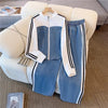Pant Set Women Two Piece Sets Denim Splice Zipper Matching Sets Casual Coats Wide Leg Long Pants Lace Up Elastic Waist