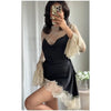 Elegant Sexy Lace Patchwork Mini Dress Women Full Flared Sleeve Waist Cinching See Through Short Dresses Lady Club Party Gowns