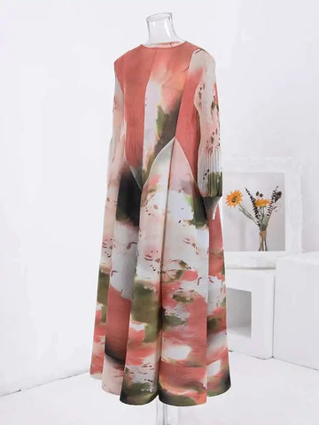 Chic Print Pleated Women's Dresses Color-block Design Round Neck Lantern Sleeves Long Dresses Spring 2AA4759