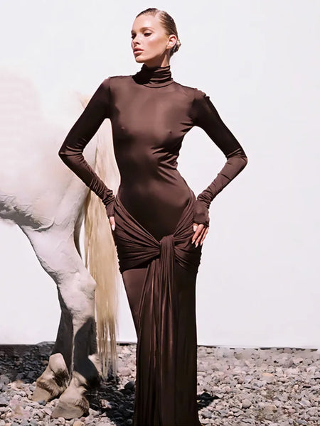 Turtleneck Long Sleeve Maxi Dress For Women Irregular Bodycon Long Dress Femme Temperament Evening Dress