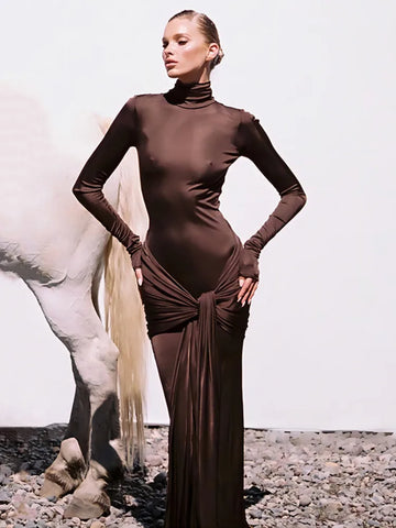 Turtleneck Long Sleeve Maxi Dress For Women Irregular Bodycon Long Dress Femme Temperament Evening Dress