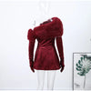 Fur Paneled Off-Shoulder Rhinestone Mini Dress Burgundy Velvet Pleated Evening Elegant Women Dresses Party Chic Lady Gown