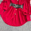 Spring Office Lady Shirt Dress Women Long Lantern Sleeve Sashes Waist Robe Femme Single Breasted Short Dresses