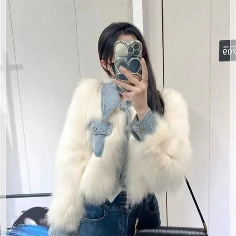 Female Cowboy Patchwork Fur Outwear Winter Ladies Faux Fur Top Coat Retro Women High End Long Sleeves Plush Jacket