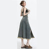 Spring Vintage Denim Skirt Matching Set Women's Elegant Loose Hollow Knitted Shirt+Sexy Split Dress Two Piece Suit