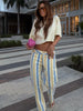 Colorful Striped Wide Leg Trousers Women Bohemian High Waist Multi-color Panelled Slim Straight Pants Lady Beachwear