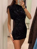 Sequin Mini Dress for Women Elegant O-Neck Fly Sleeve Shiny Short Dress Female Chic Club Evening Party Vestidos