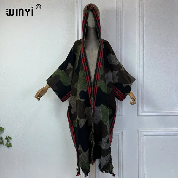 Africa classic camouflage colour print Winter Hooded cardigan dress Female abaya winter outfits for women long down coat
