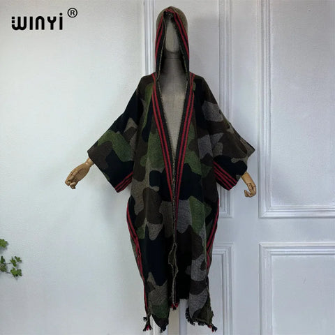 Africa classic camouflage colour print Winter Hooded cardigan dress Female abaya winter outfits for women long down coat