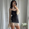 Elegant Lace Patchwork Short Dress Women See Through High Collar Flare Sleeve Party Dresses Autumn Lady Evening Robes