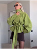Streetwear Green Belted Jacket Stand Collar Puff Sleeve Cropped Coat Y2k Cool Girl Spring Autumn Casual Outerwear