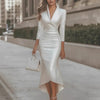 French Women's V-neck Dress Satin Light Elegant Female High Waist Slim Long Sleeve Office Lady Midi Skirt