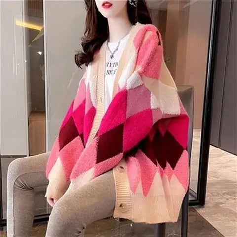 Women Loose Sweater Top Korean Ladies V-neck Cardigan Knitted Autumn Winter Female Medium Long Styles Knitting Coat
