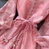 Women Elegant Floral Emboridery Dress Hollow Out Long Sleeve Single Breasted Belt French Court Chic Short A Line Dress