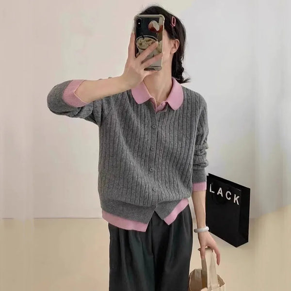 Polo Collar Knitt Sweater Women Design Feeling False Two Piece Blouse Cardigan Autumn Winter Versatile Knitt Coat Female