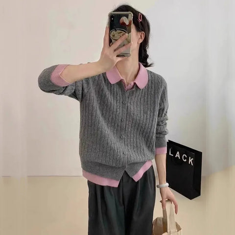Polo Collar Knitt Sweater Women Design Feeling False Two Piece Blouse Cardigan Autumn Winter Versatile Knitt Coat Female