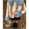 Deer Print Faux Fur Cropped Jacket Women Blue Contrast Lapel Cuff Button Up Fluffy Warm Coat Winter Casual Street Outwear