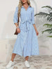 Women Blue White Vertical Striped Shirt Midi Dress Turn Down Collar Button Front Belt Waist Tie Waist 3/4 Sleeve Split
