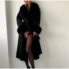 Retro Black Fur Patchwork Woolen Coat Women Chic Full Sleeve V-neck Lace Up Loose Long Overcoat Lady Winter Commute Outwear