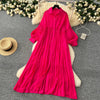 Spring Vintage Loose Dresses Women Lantern Sleeve Turn-down Collar Solid Single Breasted Casual Folds Long Dress